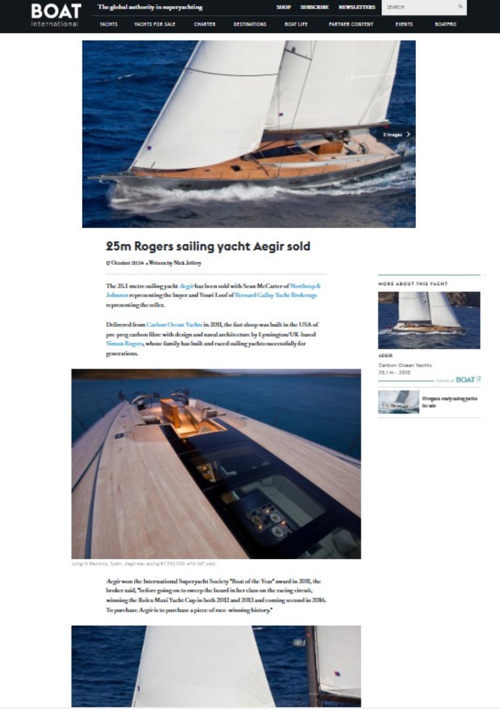 The sale of the Carbon Ocean sailing yacht AEGIR in BOAT INTERNATIONAL!